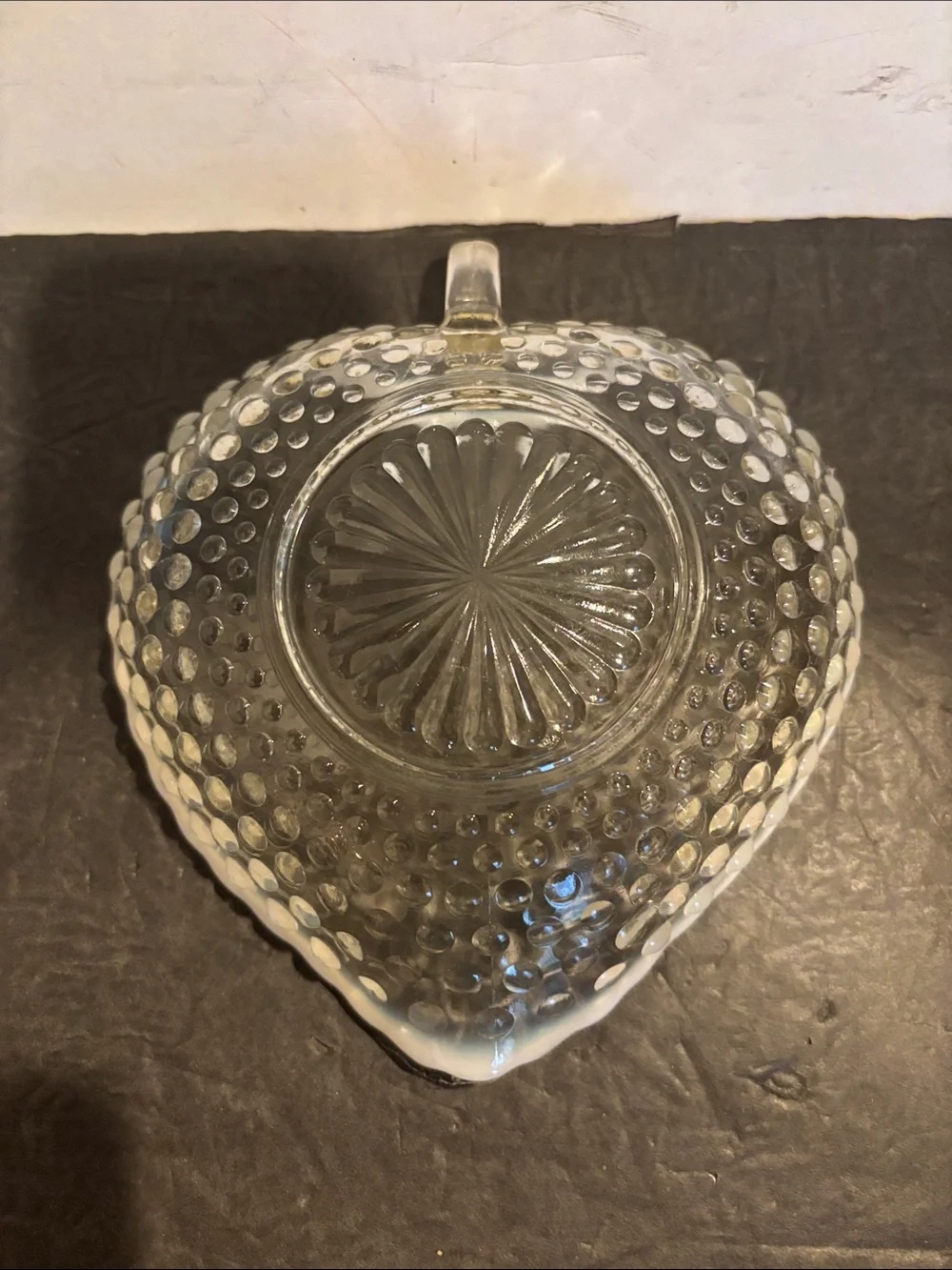 Anchor Hocking Moonstone Hobnail Heart Shaped Handled Dish Opalescent Glass